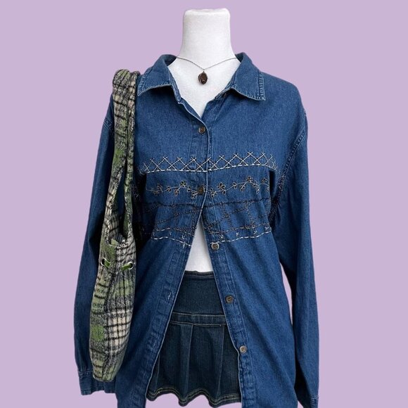 vintage 90s denim plus size boho granola button down - Picture 1 of 8